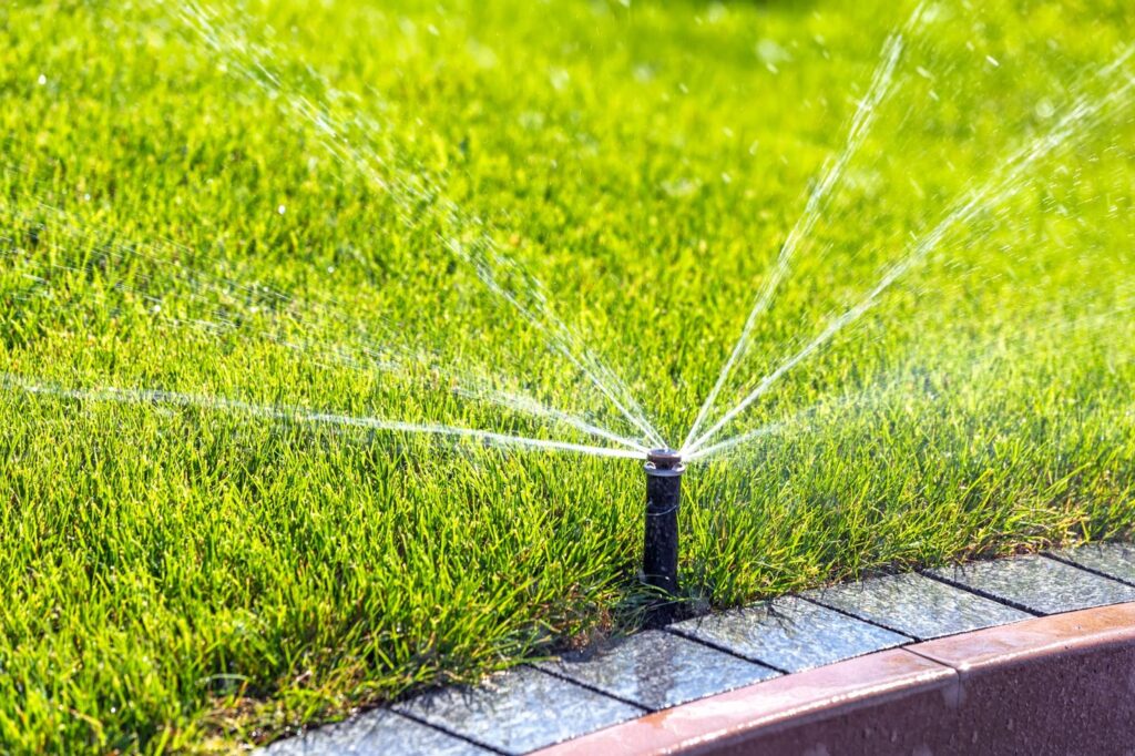 A pop-up sprinkler head spraying water across a lush green lawn next to a stone-paved border.