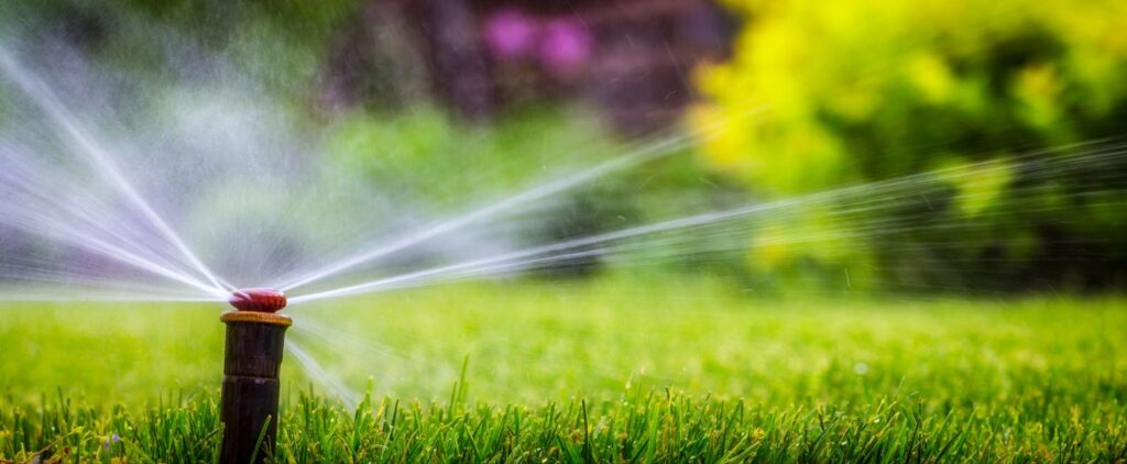 A sprinkler system installed on a green lawn, spraying water to keep the grass hydrated and healthy