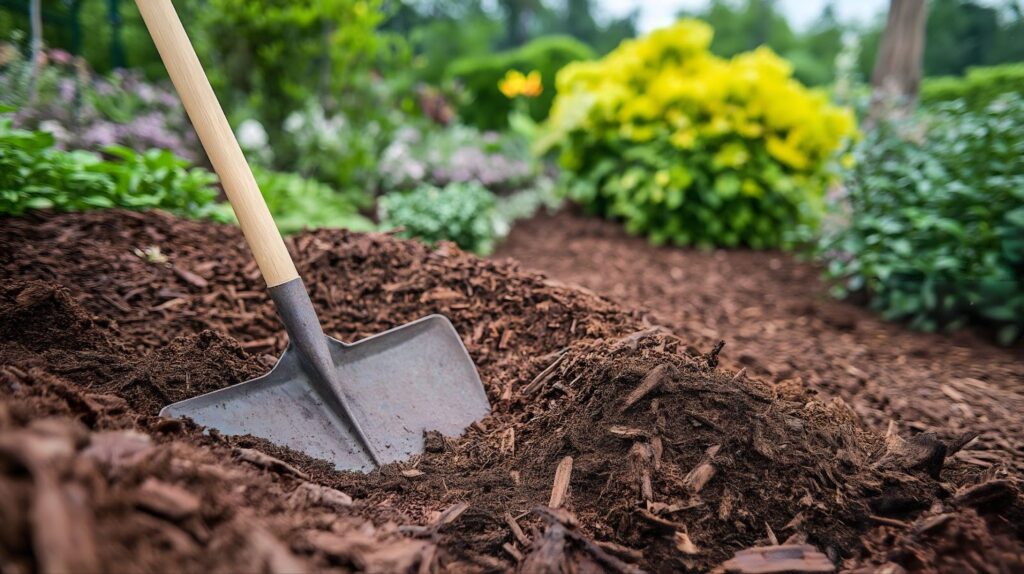 A shovel is actively digging into the mulch in a garden, preparing the soil for planting or maintenance.