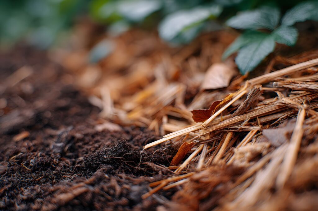 Detailed image of rich brown mulch interspersed with healthy green plants, showcasing a garden's texture.