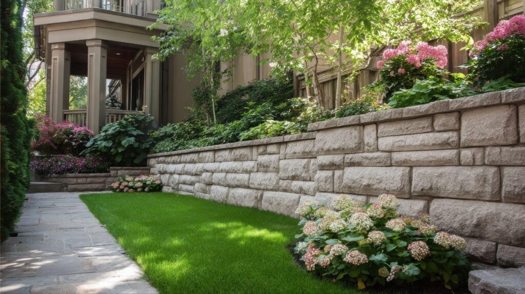 A stone wall with colorful flower beds in front of a charming house