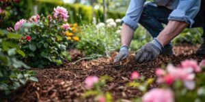 A man rakes mulch into a flower bed enhancing the garden's appearance