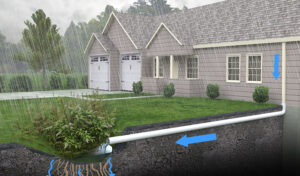 A house with a rainwater drainage system, preventing water drainage issues, poor yard drainage, and soil erosion.