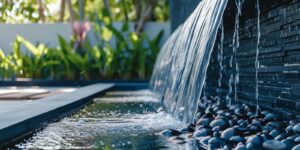 A residential water feature with rocks and water, adding a tranquil touch to the garden landscape.