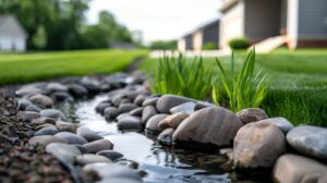 A stream of water flows gently through a lush grassy yard, showcasing an effective landscape drainage system.