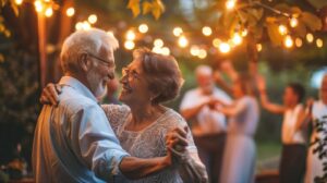 An elderly couple joyfully dancing together at a festive party, surrounded by warm landscape lighting.