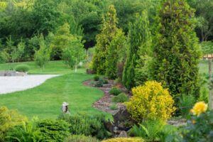 A well-maintained garden with lush green grass, various trees, shrubs, and colorful plants, featuring a stone path and decorative rocks.