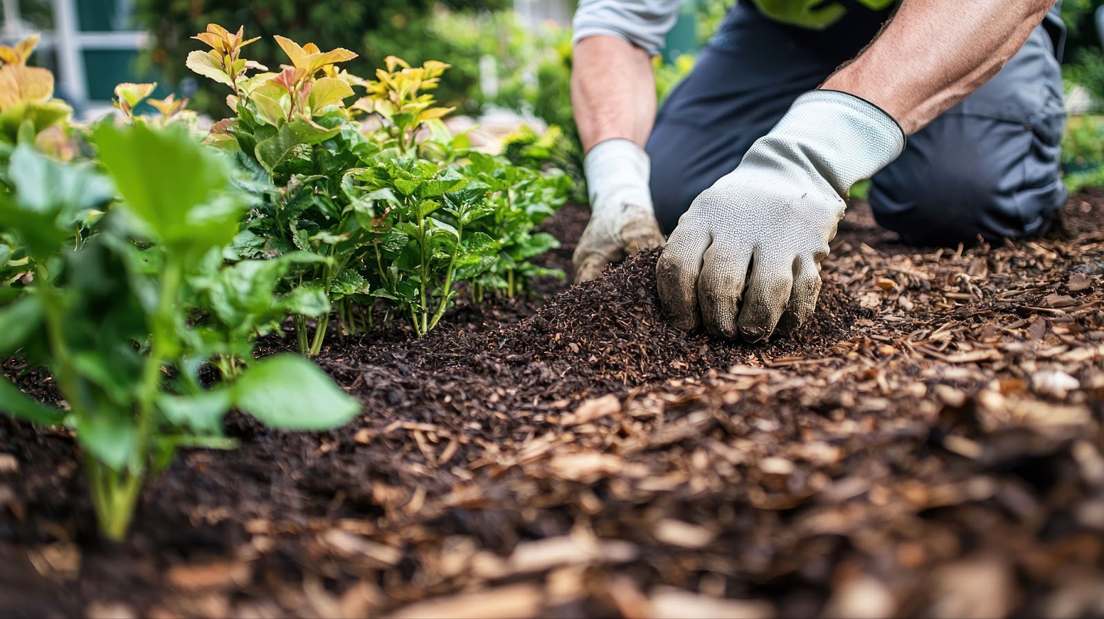 A man is spreading mulch in a garden bed, enhancing soil health and plant growth.