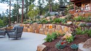 A patio featuring a rock wall and a cozy seating area for relaxation and outdoor gatherings