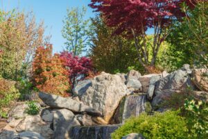 A beautiful garden features a waterfall with water tumbling over stones amidst rich plant life and blooming flowers