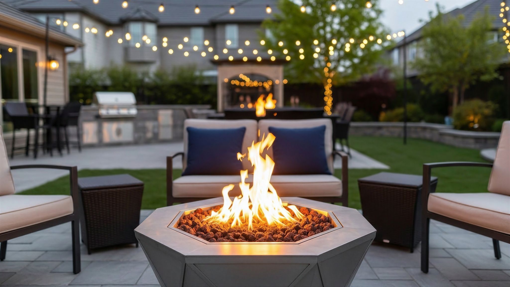 Hexagonal modern metal fire pit with roaring flames surrounded by patio lounge chairs and warm overhead string lights.